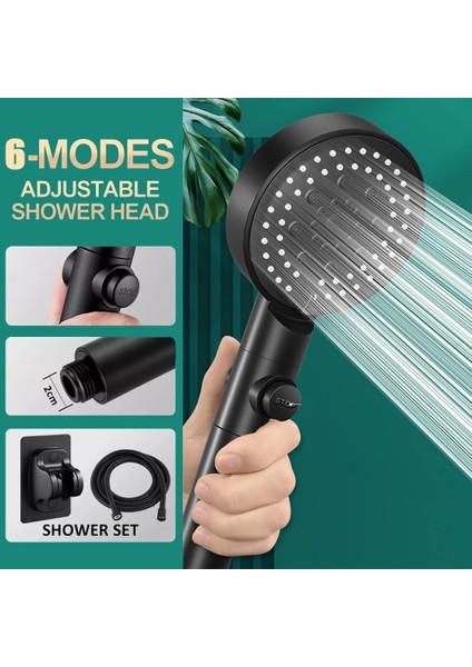 Siyah Taban Boru Stili Banyo Aksesuarları 6 Modlu Duş Başlığı Ayarlanabilir Yüksek Basınçlı Su Tasarruflu Duş Tek Tuşla Durdurma Su Masajlı Duş Başlığı (Yurt Dışından)