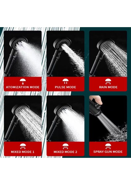 Siyah Taban Boru Stili Banyo Aksesuarları 6 Modlu Duş Başlığı Ayarlanabilir Yüksek Basınçlı Su Tasarruflu Duş Tek Tuşla Durdurma Su Masajlı Duş Başlığı (Yurt Dışından)