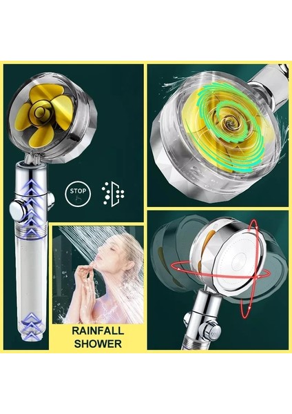 P Ekstra Filtre Stili Pervaneli Duş Başlığı Yüksek Basınç Seti 360 Döndürme With1 Serbest Su Filtresi Altın Fan Turboşarj Saf Yağış Helix Eco Duş (Yurt Dışından)