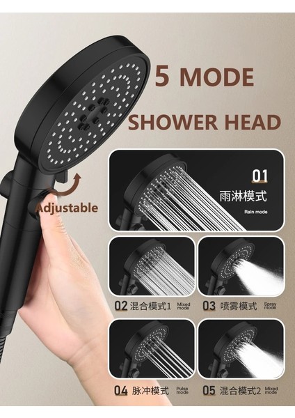 Siyah 2 Parça Set Hortum Stili 6 Modlu Duş Başlığı Yüksek Basınçlı Su Tasarruflu Duş Tek Tuşla Durdurma Su Masajlı Duş Başlığı Banyo Aksesuarları Için 12CM Panel (Yurt Dışından)