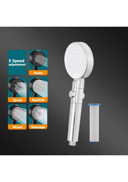 Yalnızca Gümüş Tarzı Duş Başlığı 5 Modu Ayarlanabilir Su Tasarrufu Yüksek Basınçlı Duş Filtre Hortumu Tabanı Tek Tuşla Durdurma Masaj Banyo Aksesuarları (Yurt Dışından)