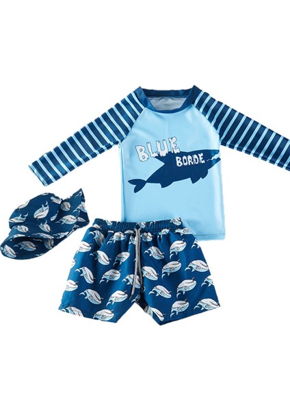 UPF50+ Güneş Korumalı 3'lü Mayo Set Blue Borde Mayo Tshirt Şapka Seti Erkek Çocuk Şort Mayo