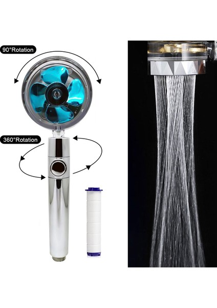 Mavi Stil 360 Derece Dönen Turbo Duş Başlığı Yüksek Basınçlı Püskürtme Memesi Filtresi Su Tasarrufu Yağmur Biçimli Duş Fan ile Banyo Aksesuarları (Yurt Dışından)