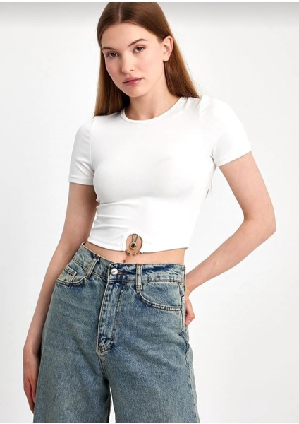 Halka Detaylı Bisiklet Yaka Crop Bluz