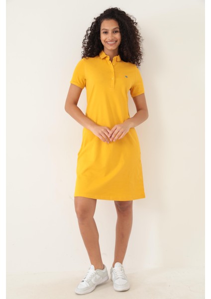 Hardal Kadın Polo Yaka Kısa Kollu Örme Elbise -2431