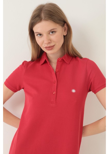 Kırmızı Kadın Polo Yaka Kısa Kollu Örme Elbise -2431 fiyatları
