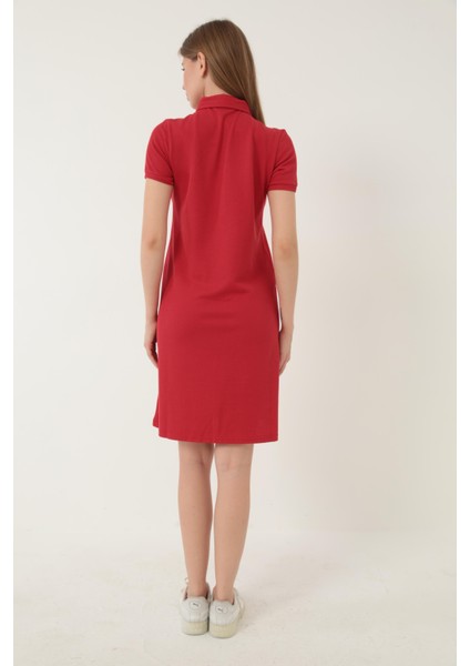Kırmızı Kadın Polo Yaka Kısa Kollu Örme Elbise -2431 modelleri