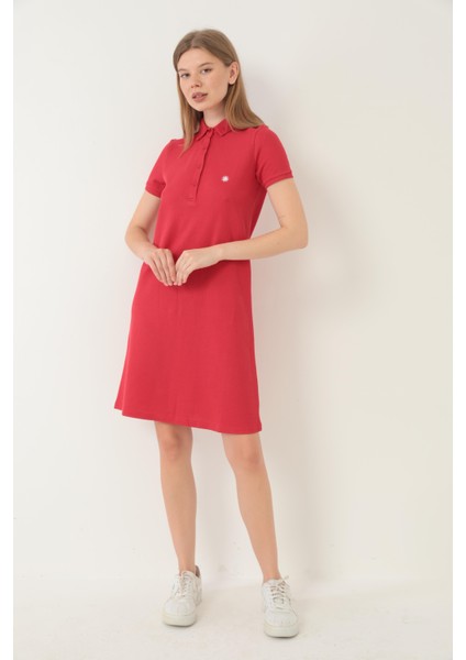 Kırmızı Kadın Polo Yaka Kısa Kollu Örme Elbise -2431 fırsatları