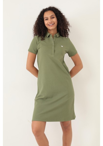 Haki Kadın Polo Yaka Kısa Kollu Örme Elbise -2431