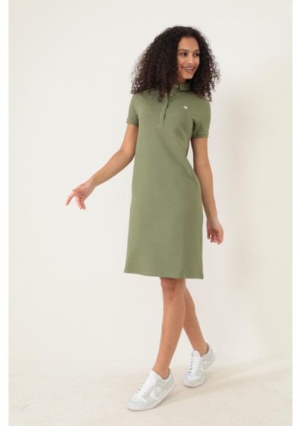 Haki Kadın Polo Yaka Kısa Kollu Örme Elbise -2431 indirimleri