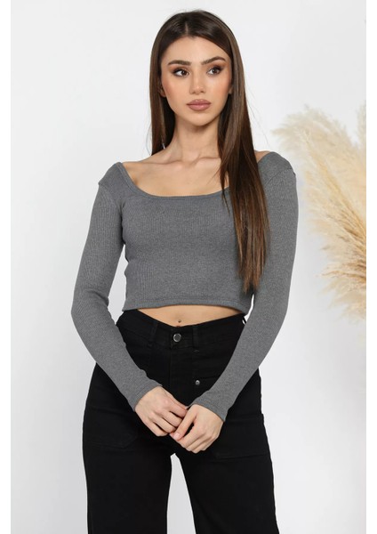 Kadın Kare Yaka Kaşkorse Crop Body Bluz