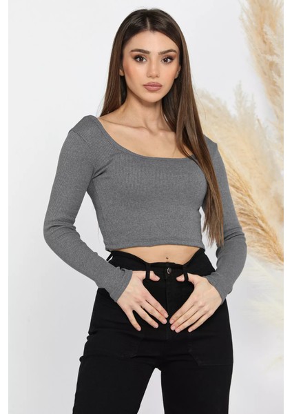 Kadın Kare Yaka Kaşkorse Crop Body Bluz