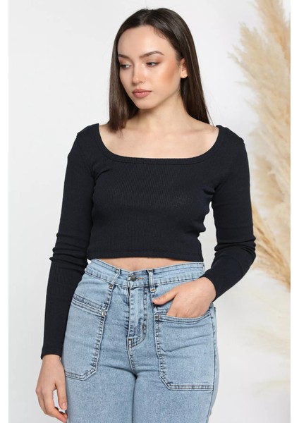 Kadın Kare Yaka Kaşkorse Crop Body Bluz