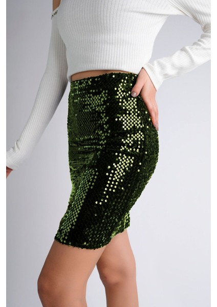 47 cm Pullu Mini Etek Parti Düğün Gece Mini Etek Haki modelleri