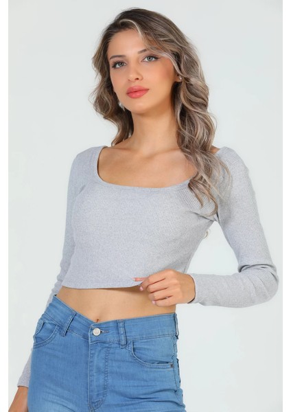 Kadın Kare Yaka Kaşkorse Crop Body Bluz