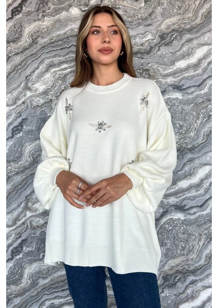 Kadın Bisiklet Yaka Taşlı Salaş Triko Kazak fiyatları