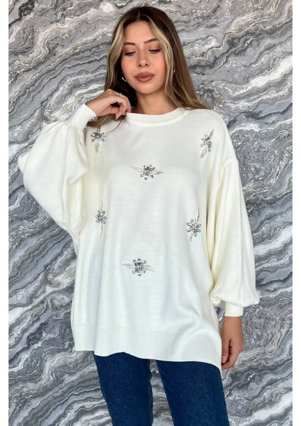 Kadın Bisiklet Yaka Taşlı Salaş Triko Kazak