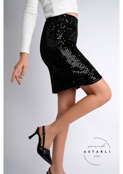 47 cm Pullu Mini Etek Parti Düğün Gece Mini Etek Siyah