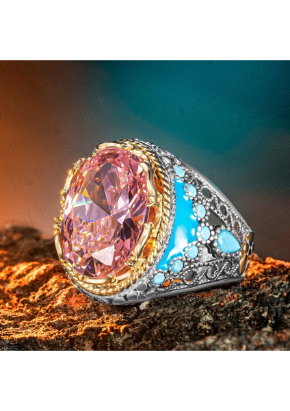 925 Ayar Gümüş Pembe Zirkon Taş Turkuaz Taş Detaylı Usta Işi Erkek Yüzük