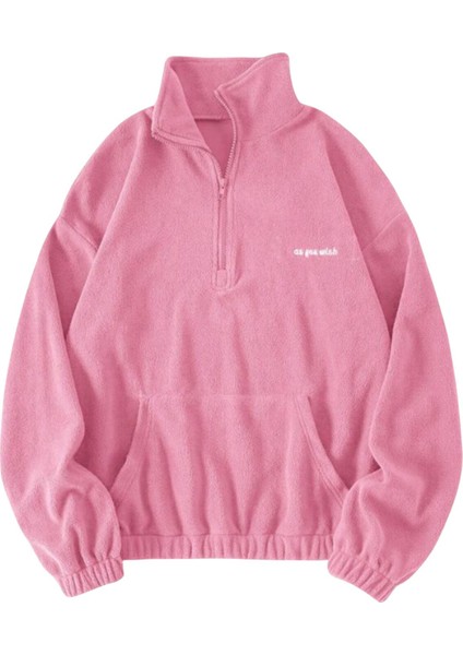 Kadın Kanguru Cepli Fermuarlı Polar Sweatshirt