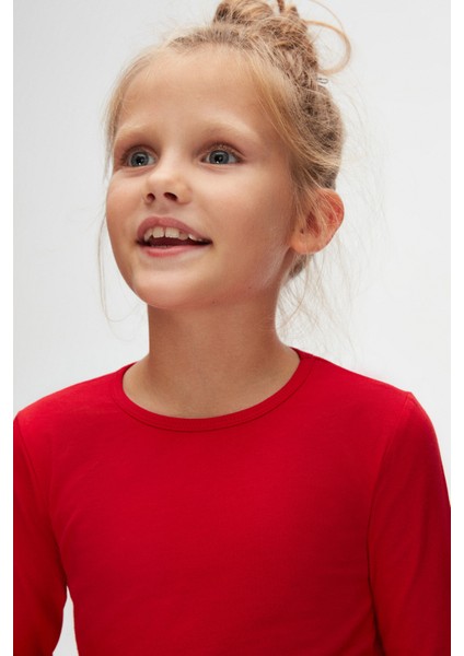 Kırmızı Basic Mevsimlik Likralı Uzun Kollu Kız Çocuk Tişört modelleri