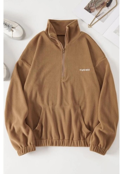 Kadın Kanguru Cepli Fermuarlı Polar Sweatshirt