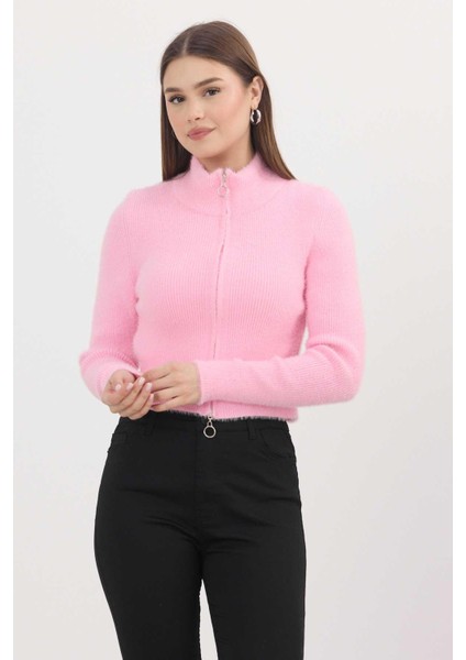 6806 Fermuarlı Kısa Yumoş Hırka Pembe