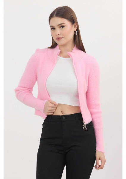 6806 Fermuarlı Kısa Yumoş Hırka Pembe modelleri