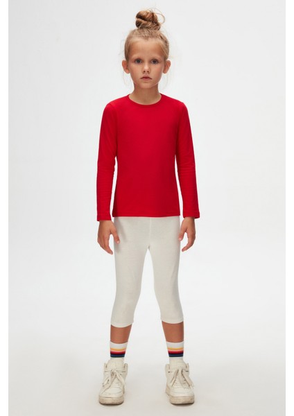 Kırmızı Basic Mevsimlik Likralı Uzun Kollu Kız Çocuk Tişört