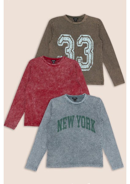 3'lü Baskılı Bordo Gri Kahverengi Yıkamalı Uzun Kol Tshirt
