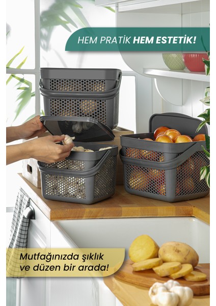 3'lü Patates Soğan Saklama Kutusu - Kapaklı Mutfak Düzenleyici - Çok Amaçlı Kulplu Sepet 5-8-12 Lt fiyatları