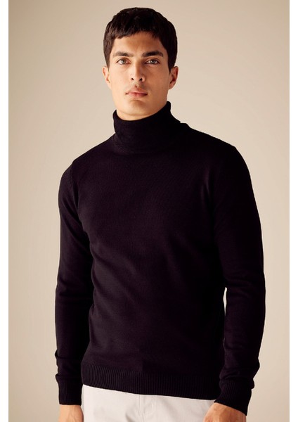 Siyah Slim Fit Dar Kesim Balıkçı Yaka Basic Düz Triko Kazak R1124AZ23WN