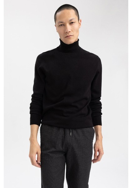 Siyah Slim Fit Dar Kesim Balıkçı Yaka Basic Düz Triko Kazak R1124AZ23WN