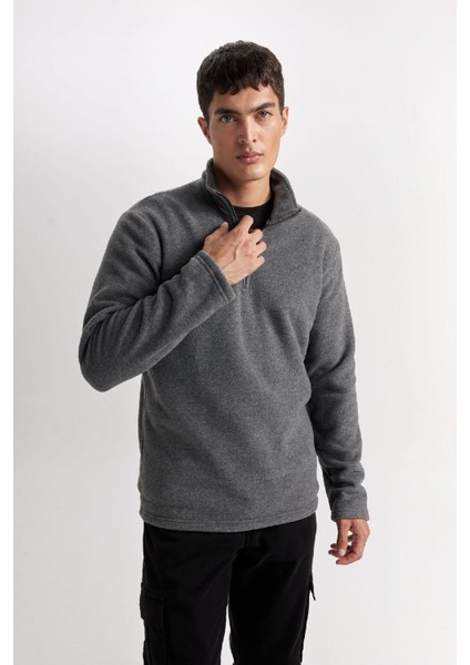 Antrasit Tüylenme Yapmayan Soğuk Geçirmez Regular Fit Dik Yaka Fermuarlı Polar Sweatshirt Y3996AZNS