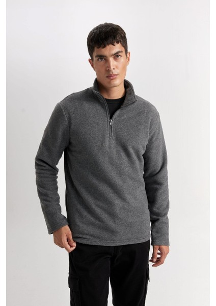 Antrasit Tüylenme Yapmayan Soğuk Geçirmez Regular Fit Dik Yaka Fermuarlı Polar Sweatshirt Y3996AZNS