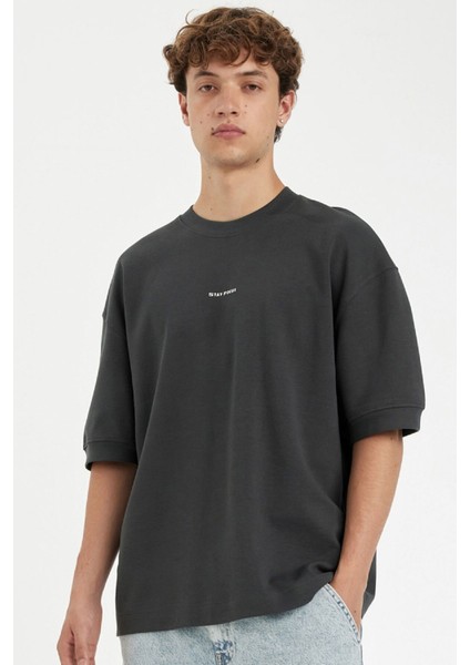 Loose Fit Bisiklet Yaka Baskılı Kısa Kollu Ağır Kumaş Tişört C0896AX24SP