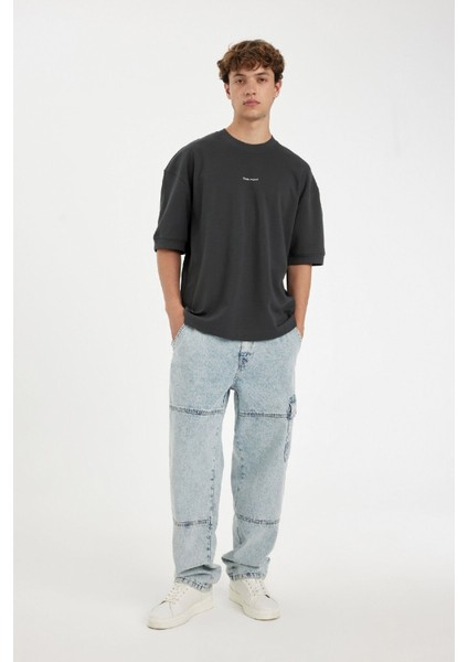 Loose Fit Bisiklet Yaka Baskılı Kısa Kollu Ağır Kumaş Tişört C0896AX24SP