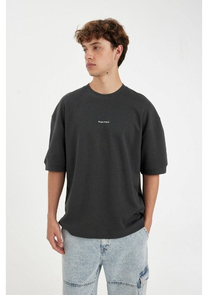 Loose Fit Bisiklet Yaka Baskılı Kısa Kollu Ağır Kumaş Tişört C0896AX24SP
