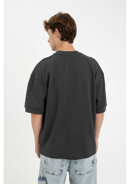 Loose Fit Bisiklet Yaka Baskılı Kısa Kollu Ağır Kumaş Tişört C0896AX24SP