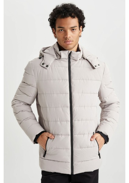 Rüzgar Geçirmez Şişme Mont Slim Fit Kapüşonlu Suni Kürk Astarlı Fermuarlı R0216AZ23AU