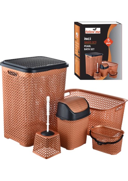 Banyo Set 5 Parça Çöp Kovası Çamaşır Sepeti Kirli Sepeti Bronz Siyah