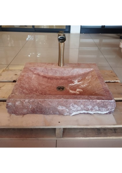 Kırmızı Traverten Batarya Çıkışlı Kare Lavabo