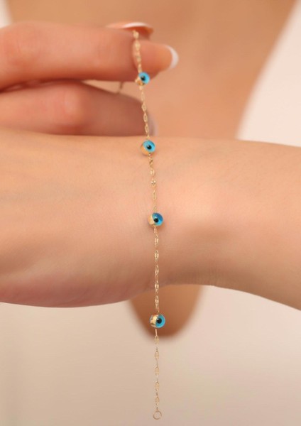 14 Ayar Altın Mavi 5 Gözlü Aynalı Bileklik