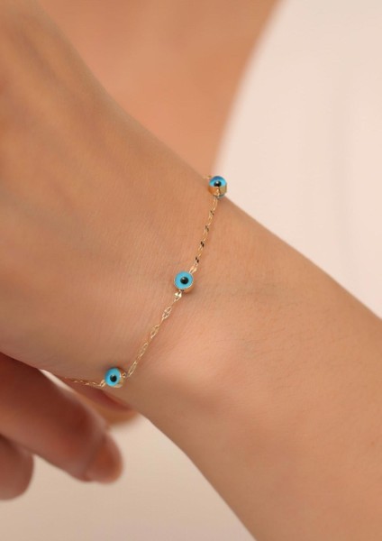 14 Ayar Altın Mavi 5 Gözlü Aynalı Bileklik fiyatları