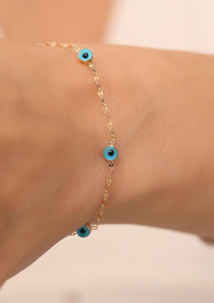 14 Ayar Altın Mavi 5 Gözlü Aynalı Bileklik fırsatları