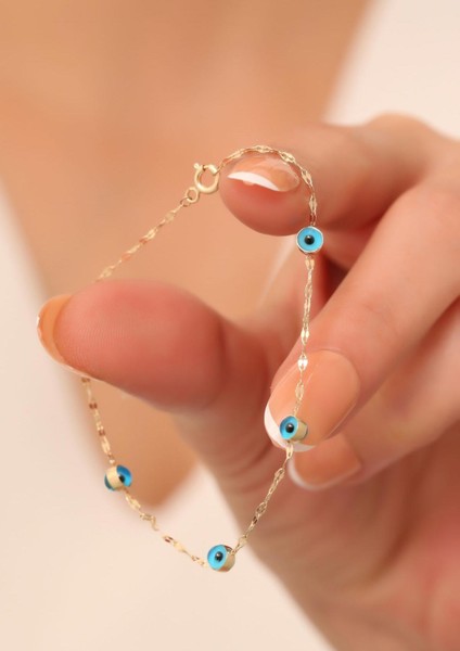 14 Ayar Altın Mavi 5 Gözlü Aynalı Bileklik indirimleri