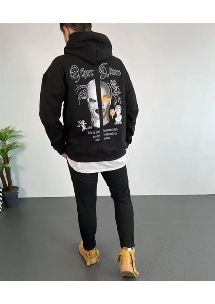 By Kea Erkek Sırt Baskılı Oversize Üç Iplik Kapüşonlu Sweatshirt - Siyah fırsatları