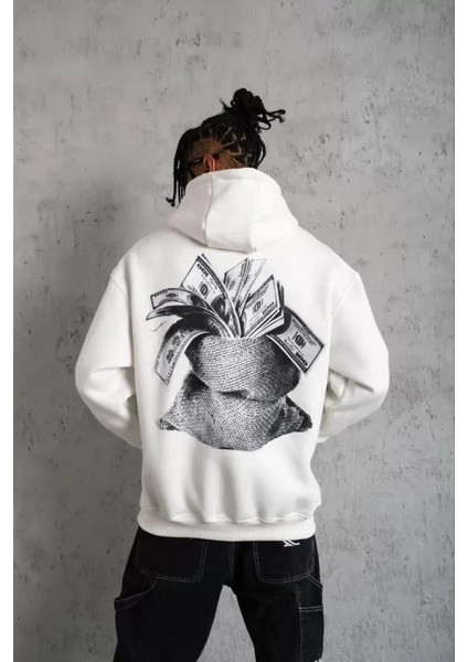 Erkek Kanguru Cep Baskılı Kapüşonlu Sweatshirt - Beyaz fiyatları