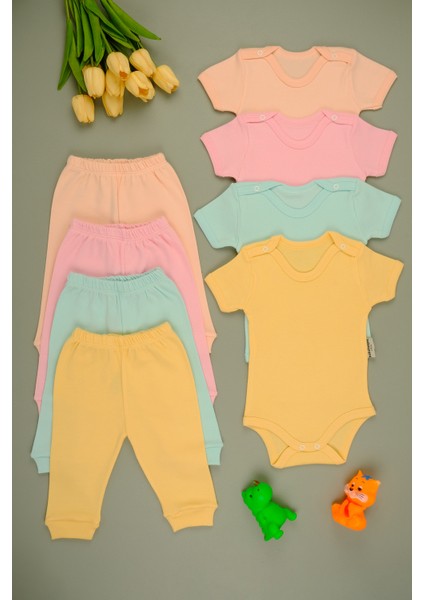 Pamuklu Yumuşak Kız - Erkek Bebek Kısa Kollu Omuz Çıtçıt 4'lu Takım