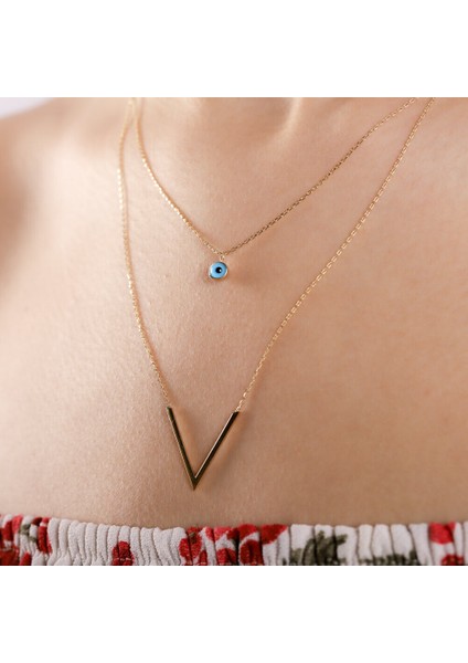 Altın Kolye Nazarboncuk Ve Üçgen Çift Zincirli Ssyt-805 modelleri